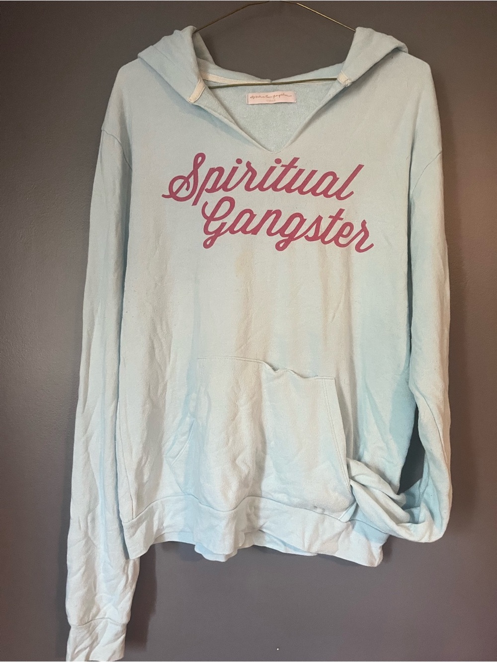 Spiritual Gangster Light Blue V-Neck Pullover with Pink Script